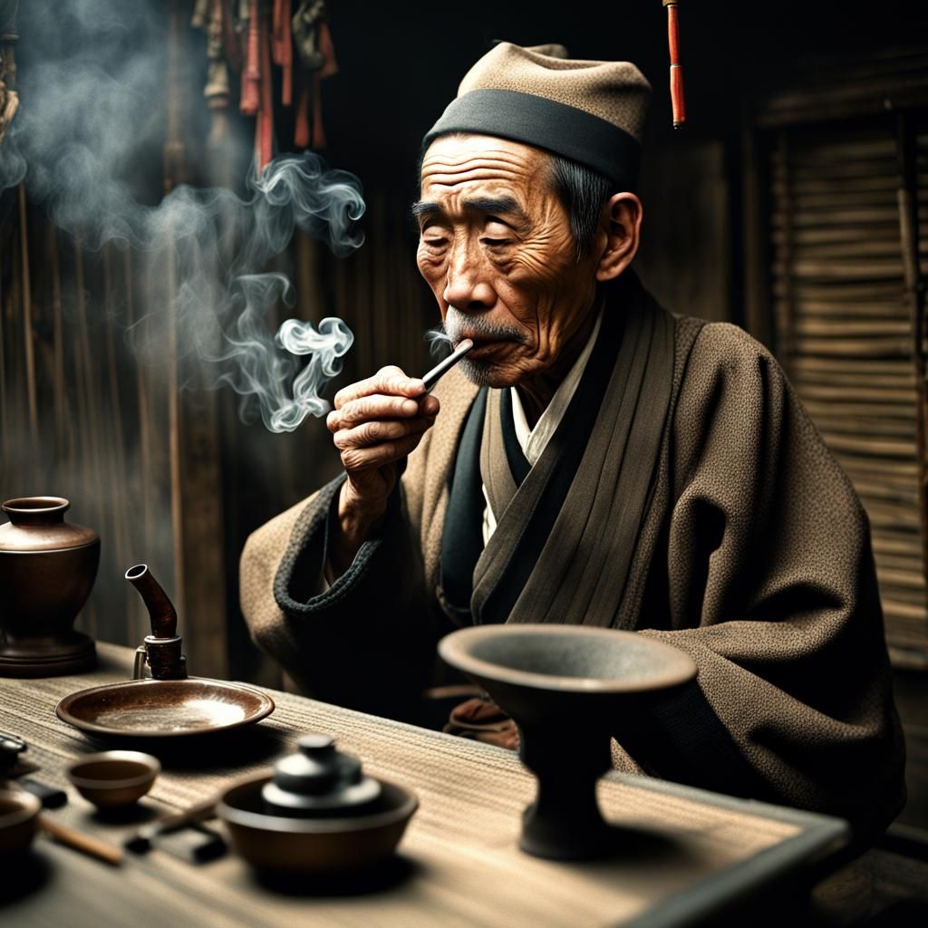 Japanese Addict Smoking Heroin Pipe: Detailed Digital Painti...