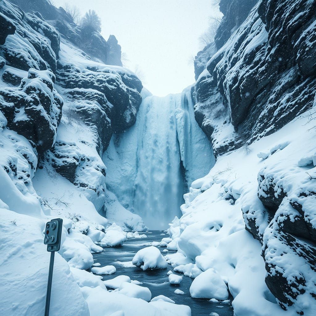 Frozen Waterfall in Snowy Canyon Landscape