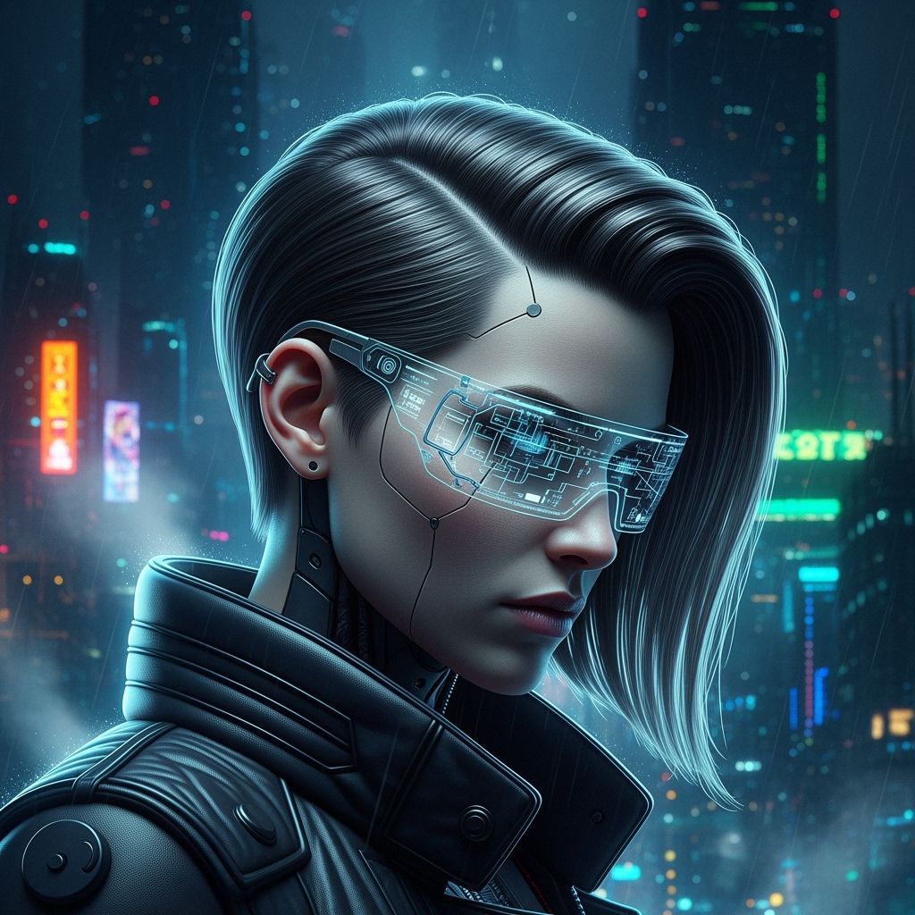 Cyberpunk Woman with Holographic Visor in Metropolis