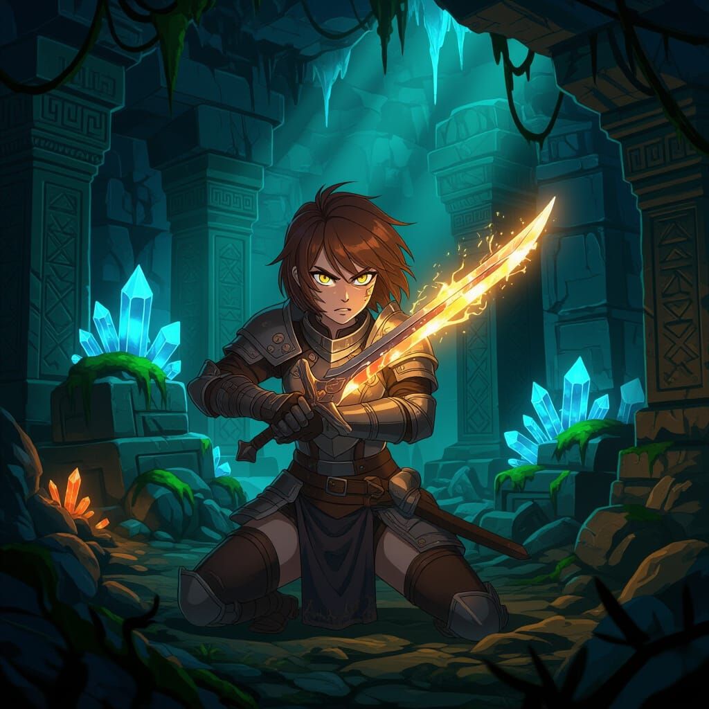 Anime Explorer Battles in Glowing Crystal Ruins