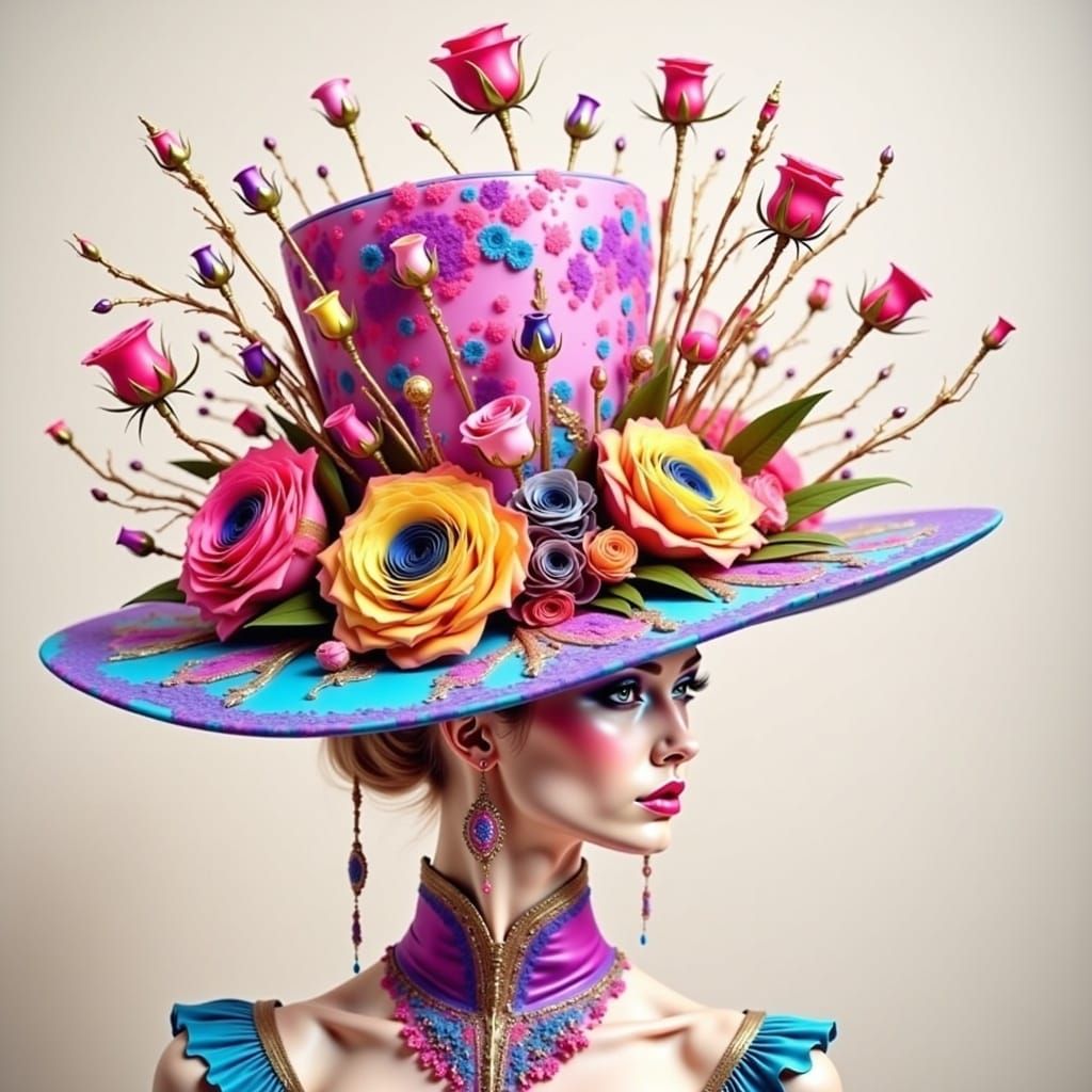 Multicoloured Haute Couture Top Hat with Florals