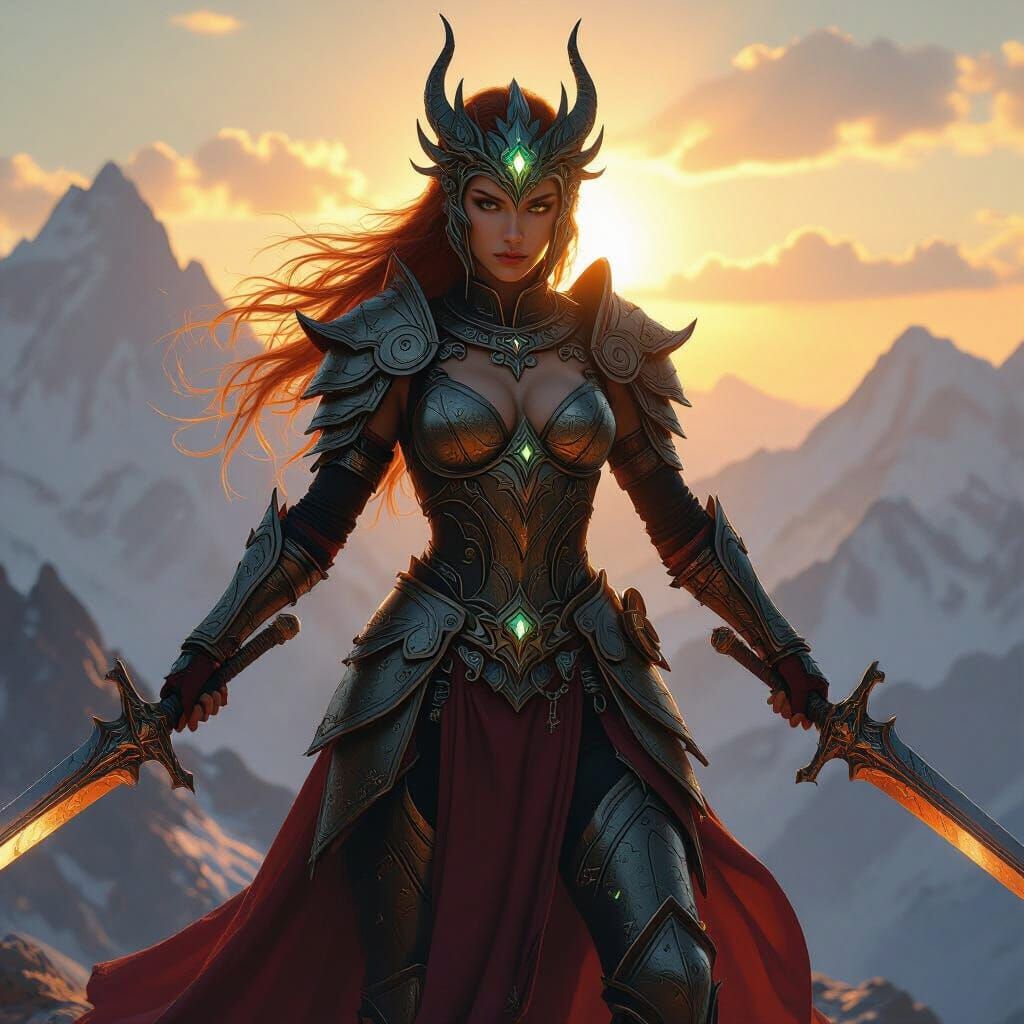 Dragon Warrior with Swords on Mountain Peak