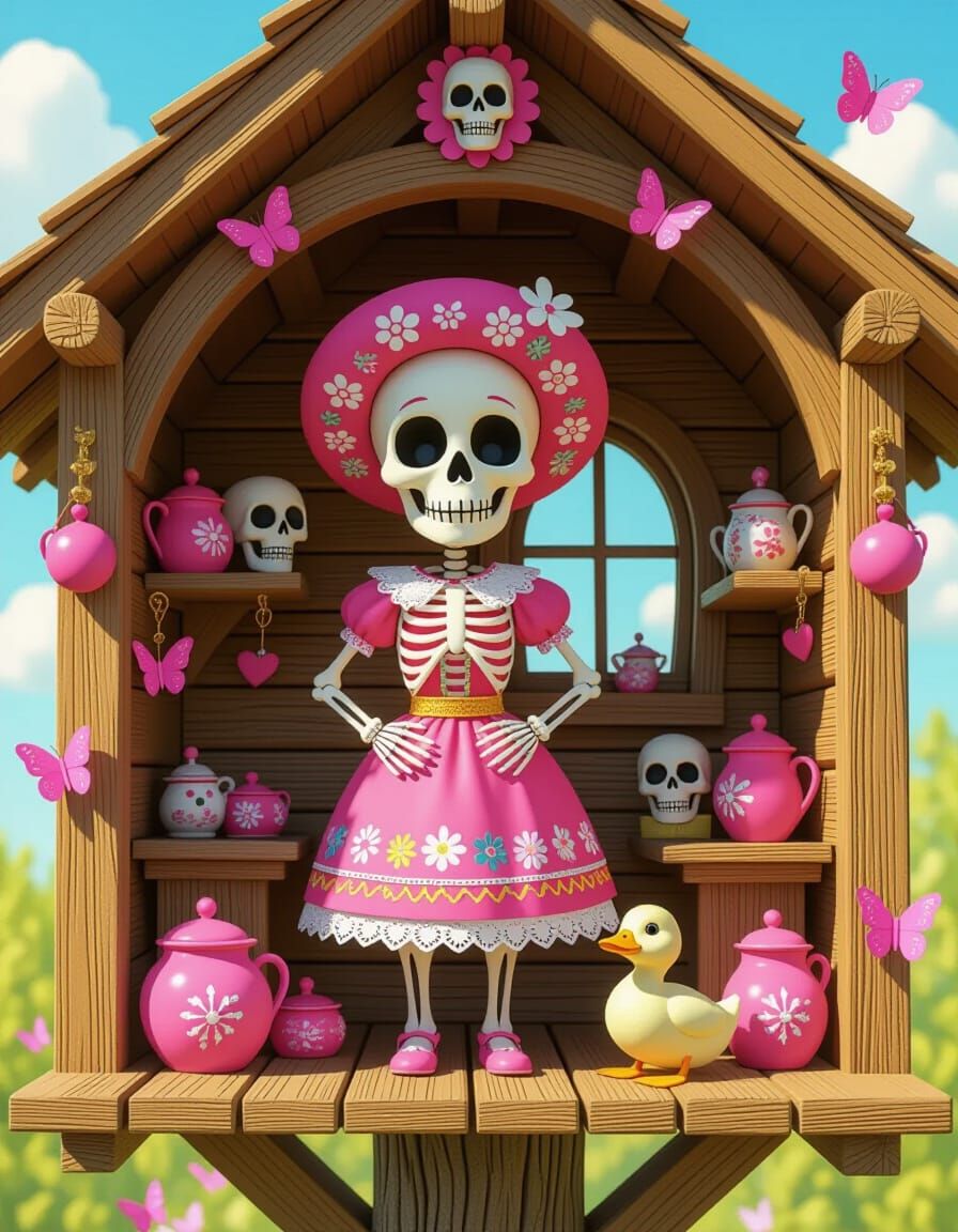 Pink Skeleton in Treehouse, 3D Rendered Style