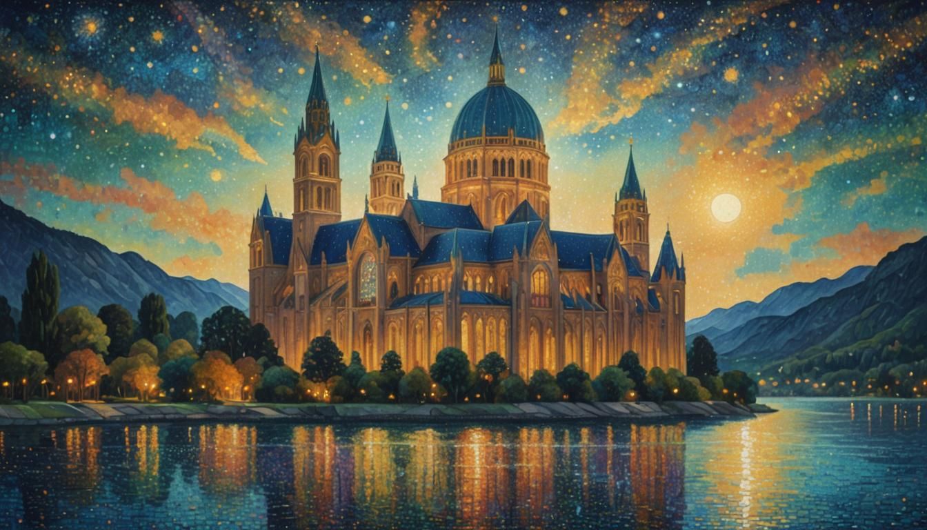 Cathedral Palace in Starry Night, Neo-Pointillism Style
