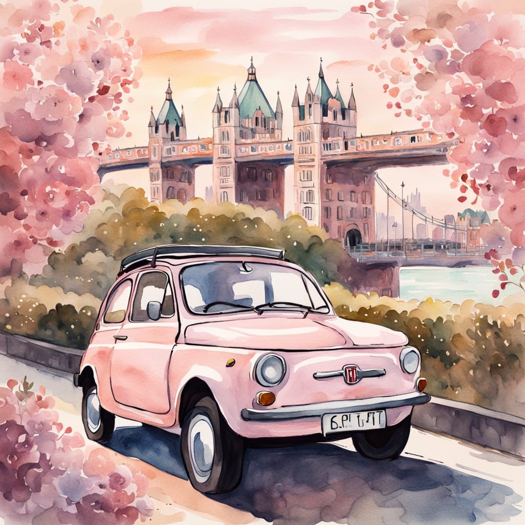 Whimsical Watercolor London Bridge Scene with Vintage Pink F...