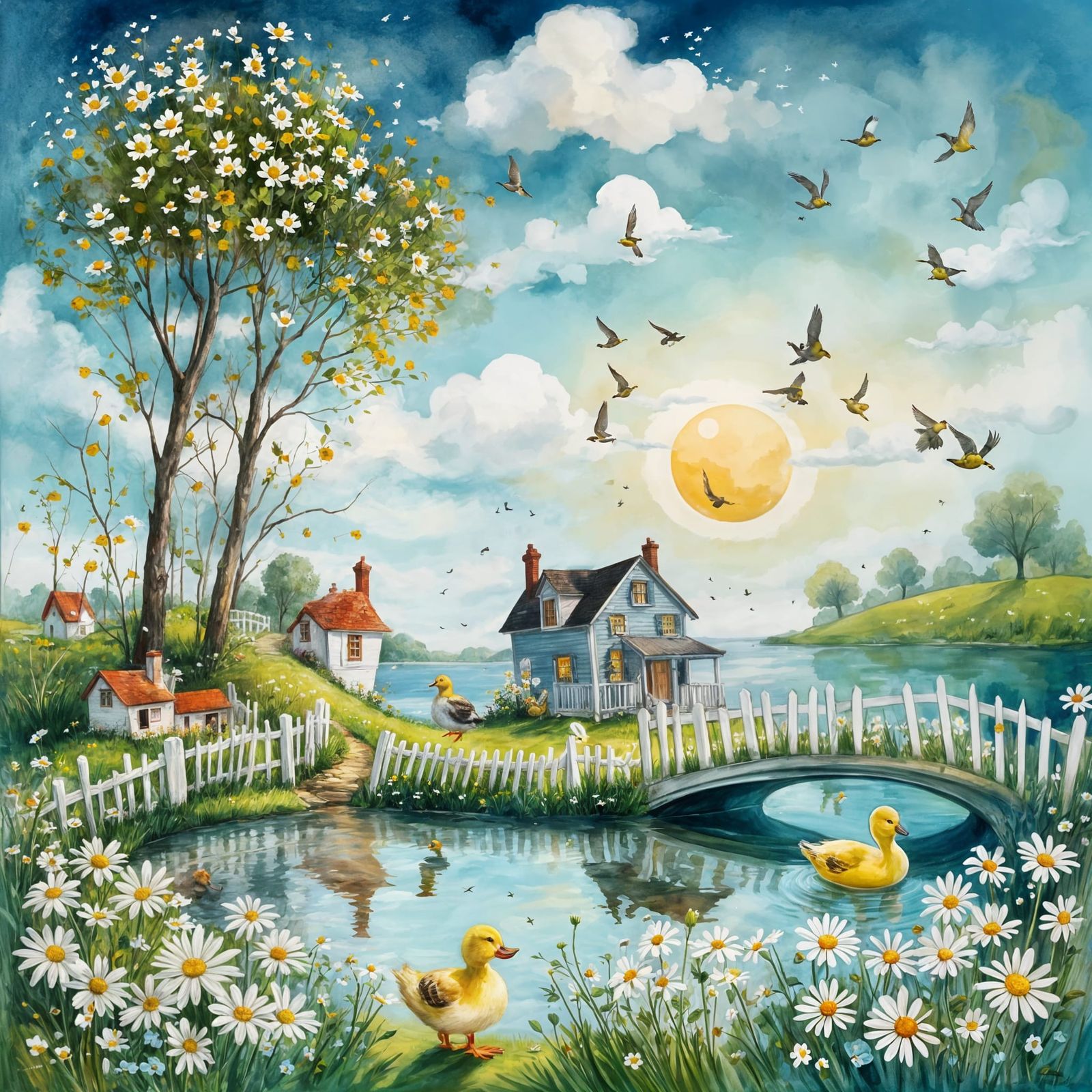 Whimsical House with Daisies, Ducklings, and Smiling Sun
