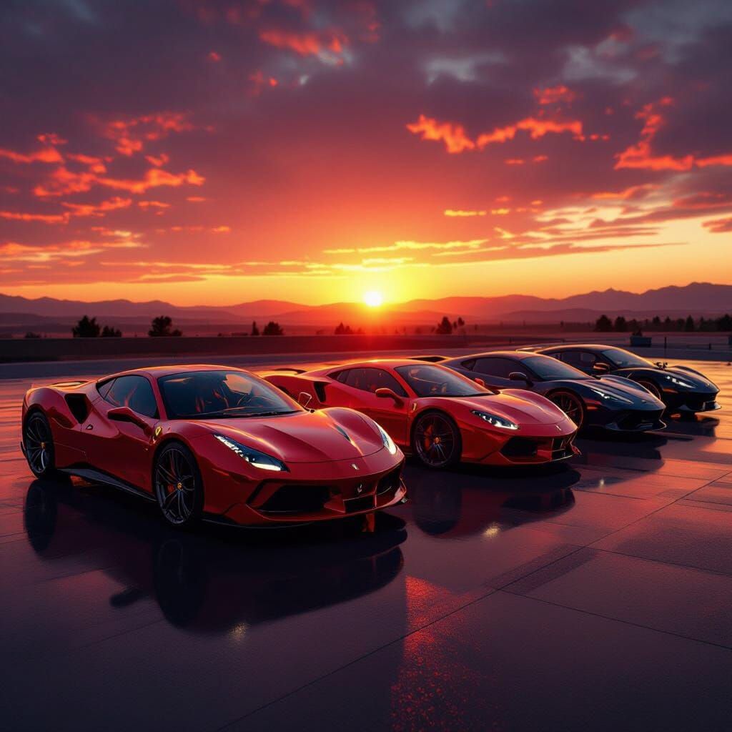 Expensive Sports Cars Gleam at Fiery Sunrise