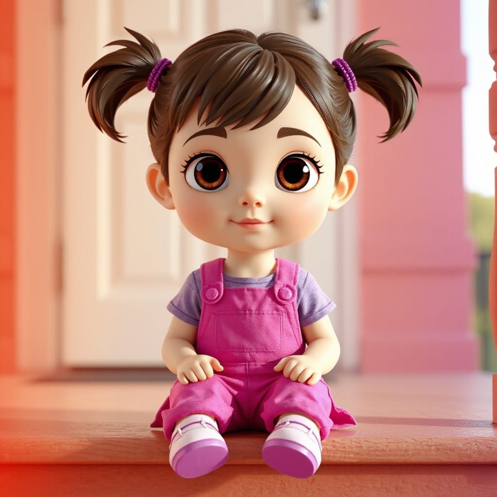 Psychedelic Chibi Girl on Porch Steps: 3D Art