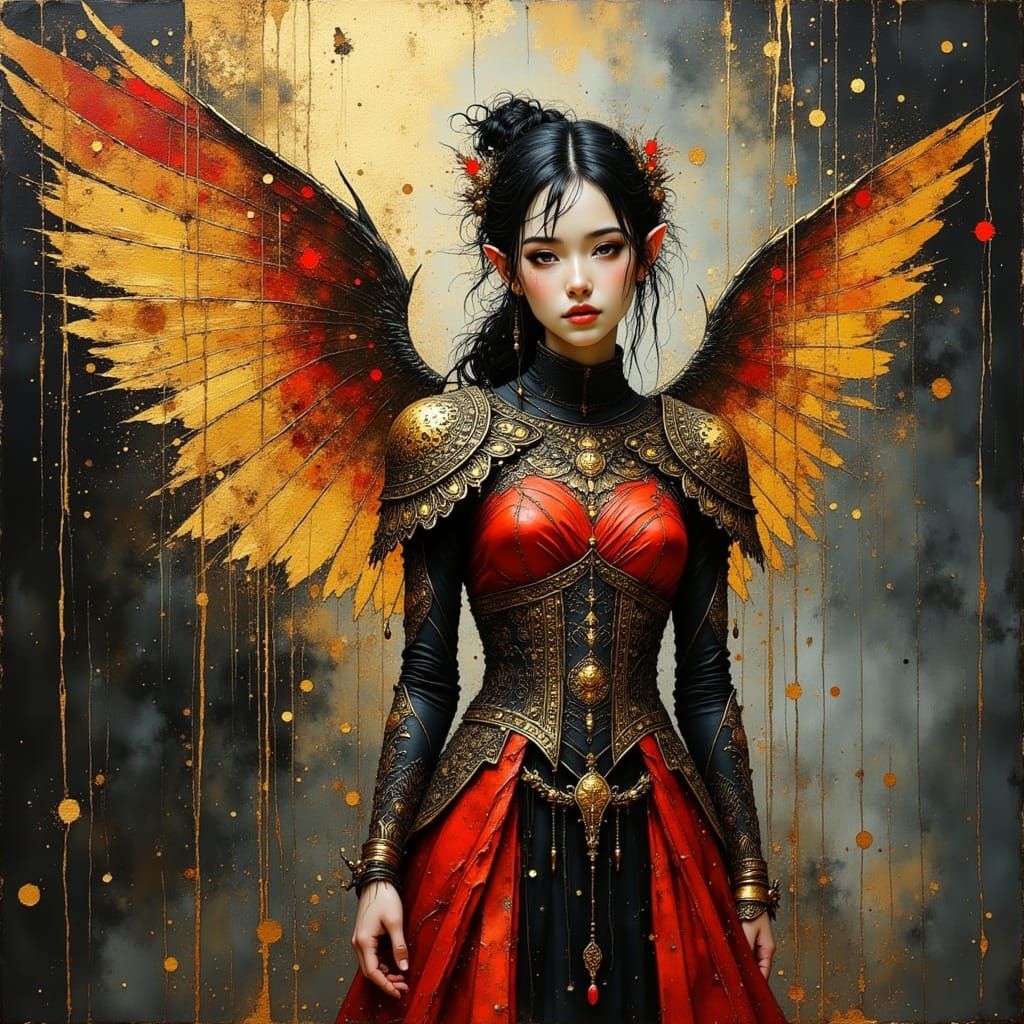Elven Warrior Angel in Red, Black, and Gold