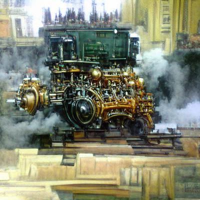 Steampunk Engine: Detailed Oil Painting