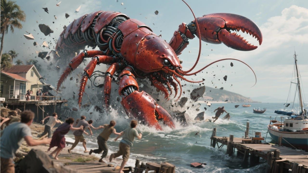 Colossal Cyborg Lobster Attacks Seaside Village in 3D