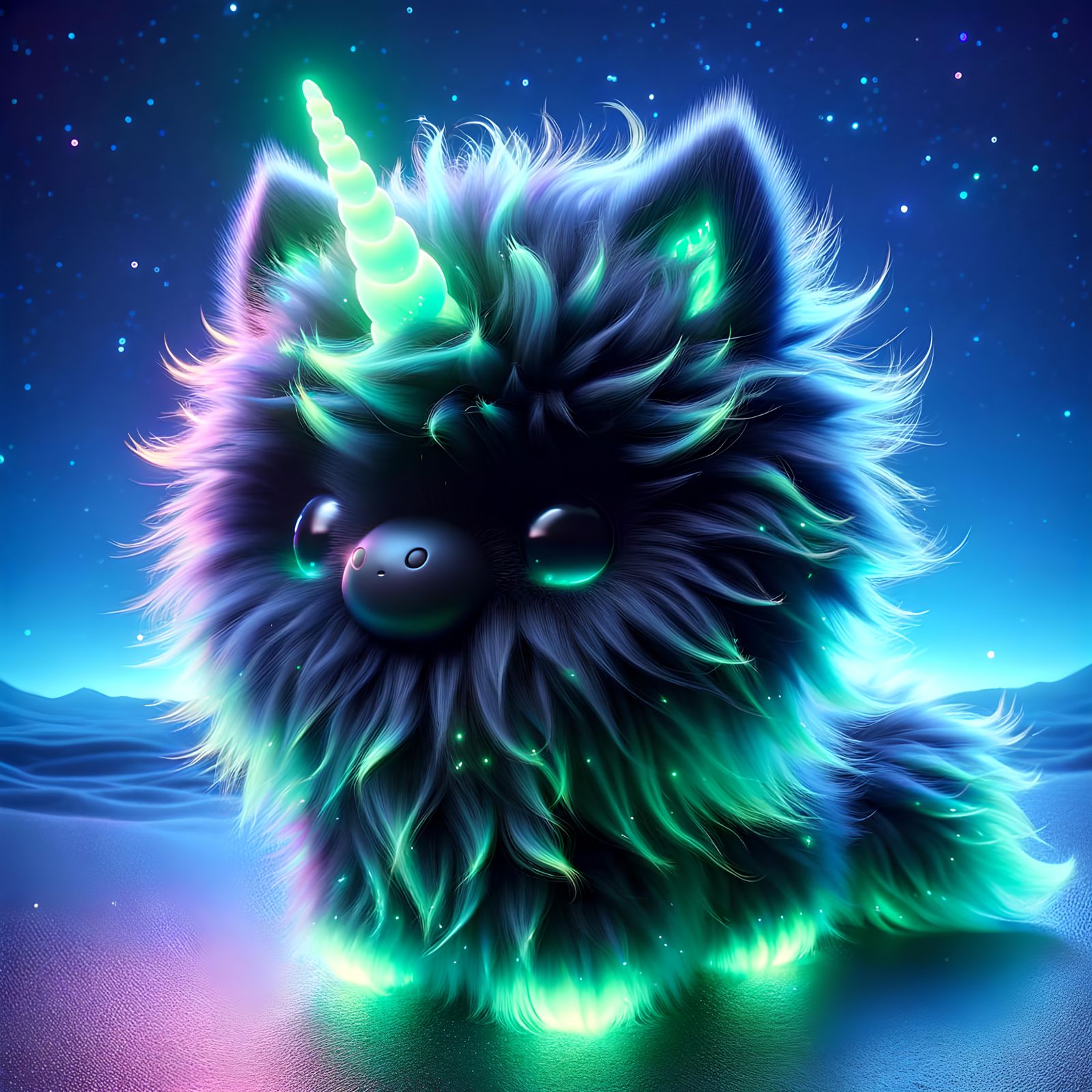Glowing Black Unicorn in Neon Night Sky