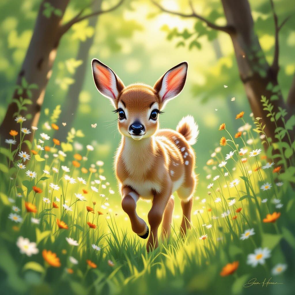 Baby Doe Bounding Through Sunlit Forest Clearing