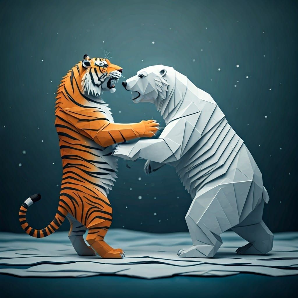 Origami Tiger and Polar Bear Battle on Ice