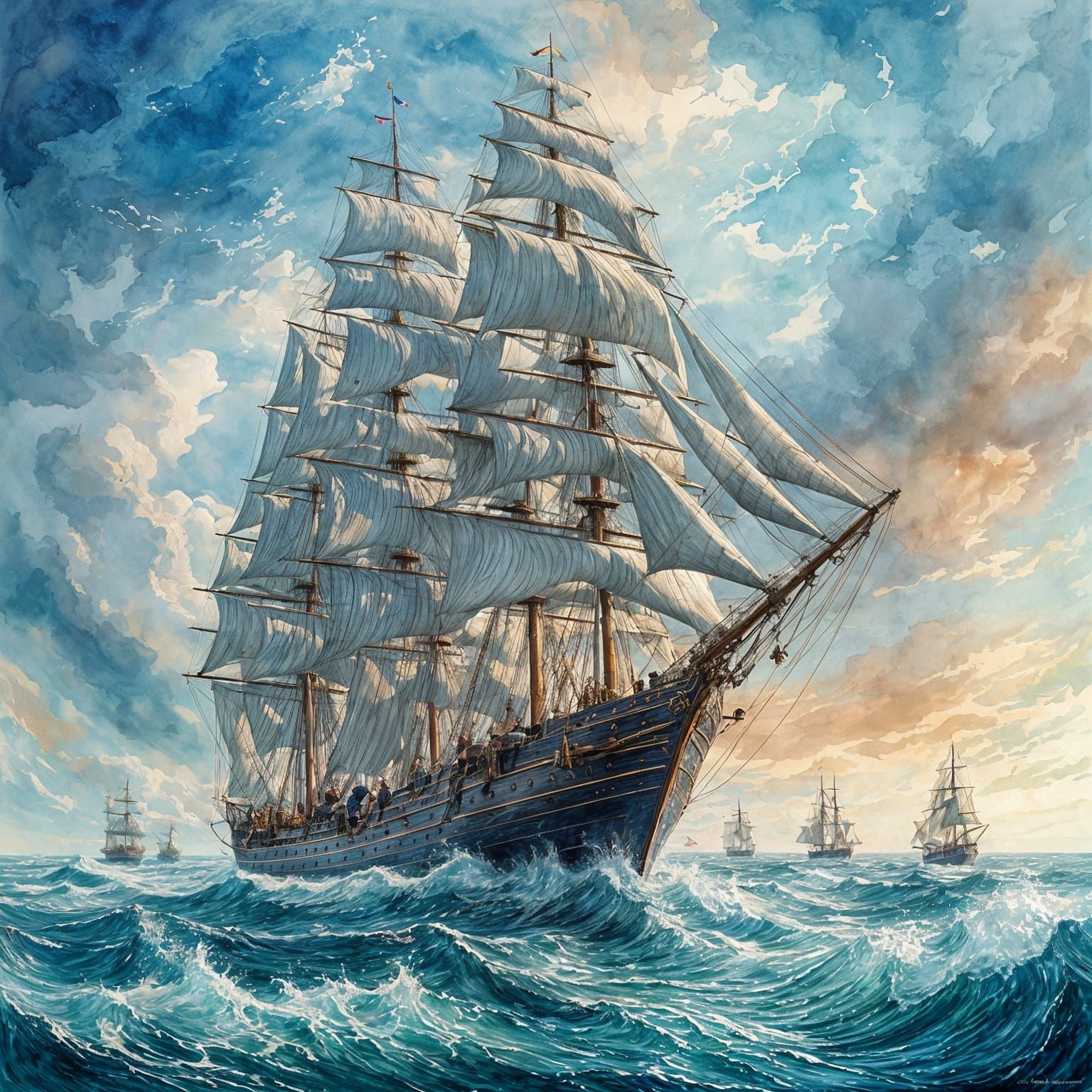 Sailing Ship in Icy Waters: Gouache Watercolor Style