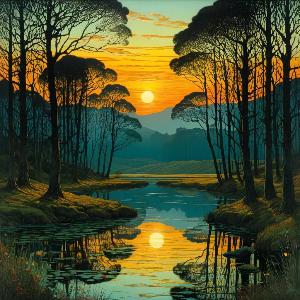 Romantic Sunset Landscape Reflected in Water