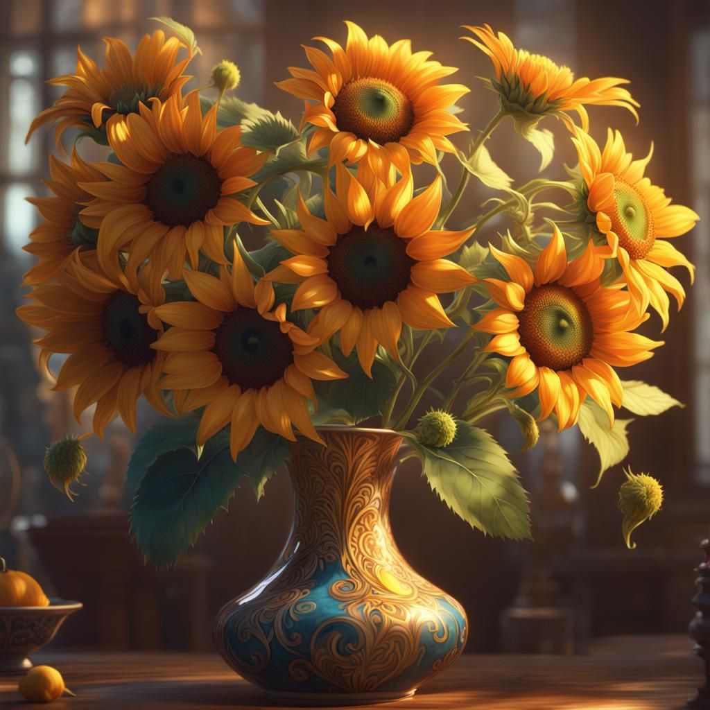 Sunflowers in Vase: Hyperdetailed Art Nouveau Portrait