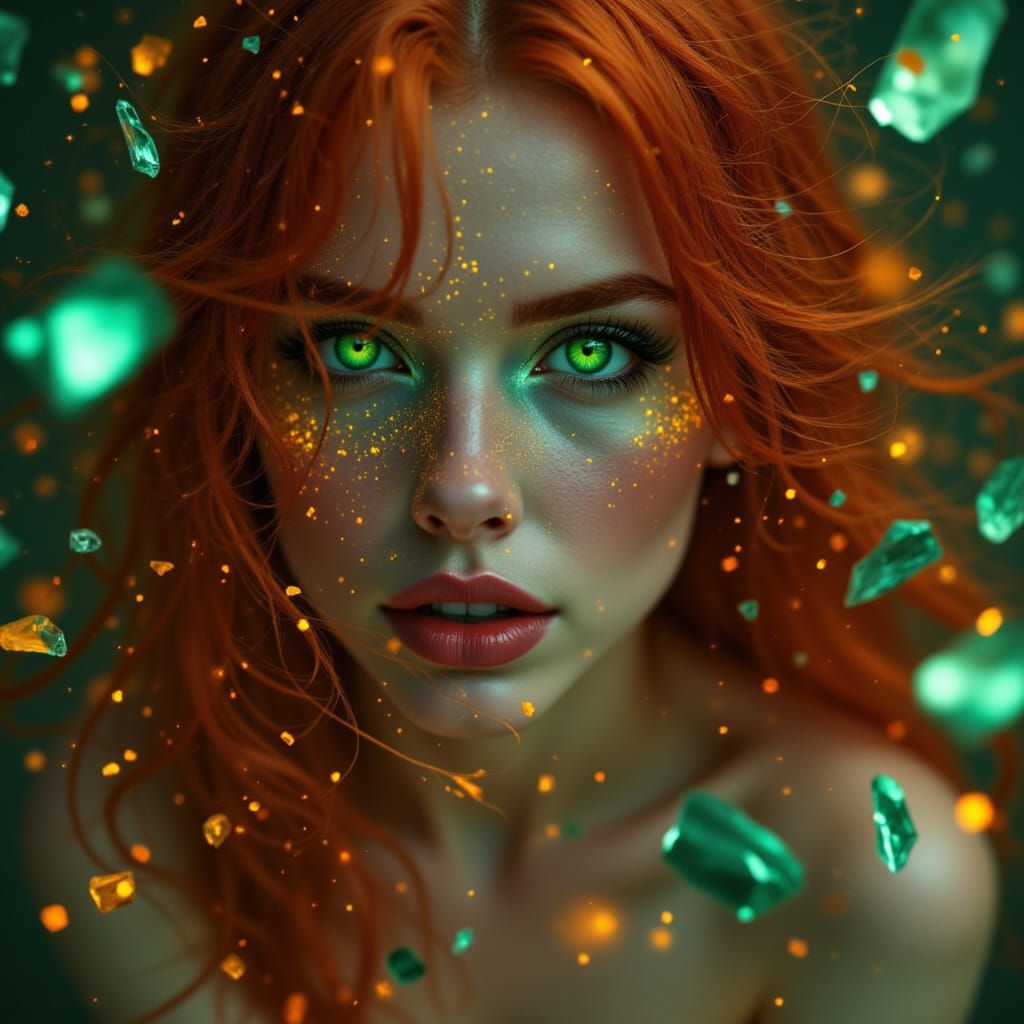 Sensual Redhead Woman with Fiery Hair in Surreal Style