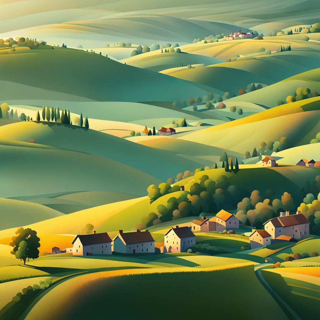 Village in Valley: Panoramic 3D Landscape