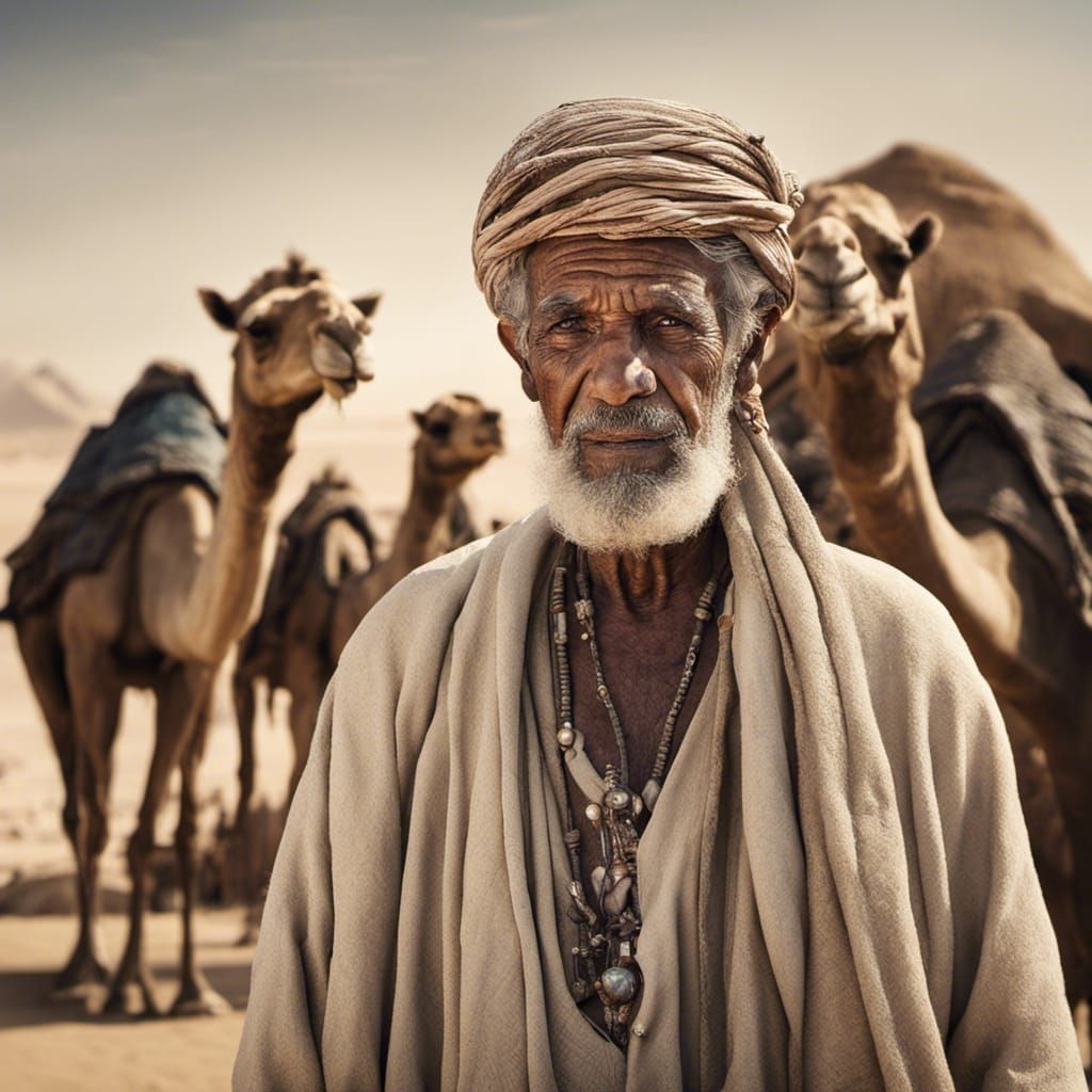 "Old beduin men, male faces with  detailed strong features ,  old boats in background, and camels around him, The most d...