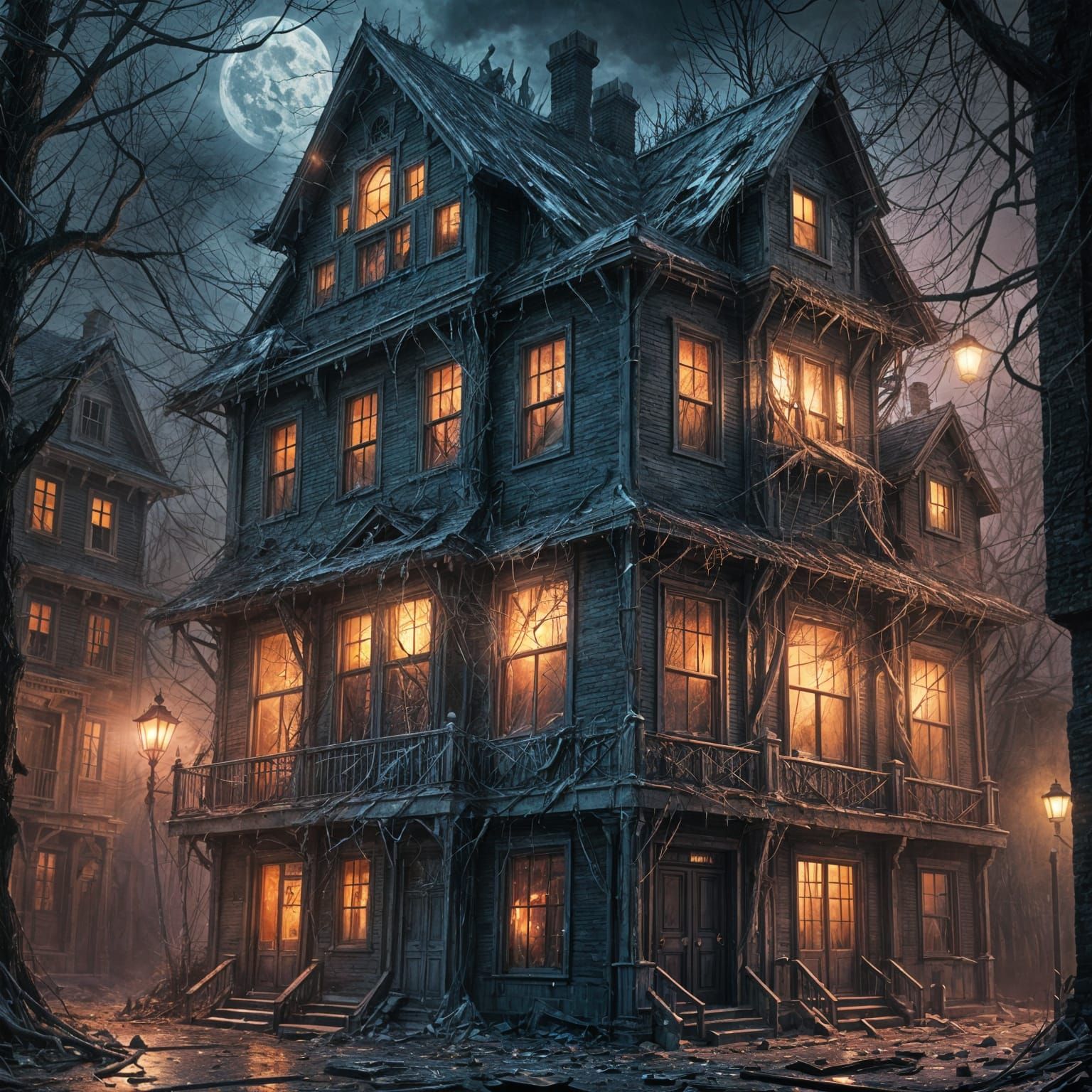 Hyperrealistic Haunted House with Eerie Lights