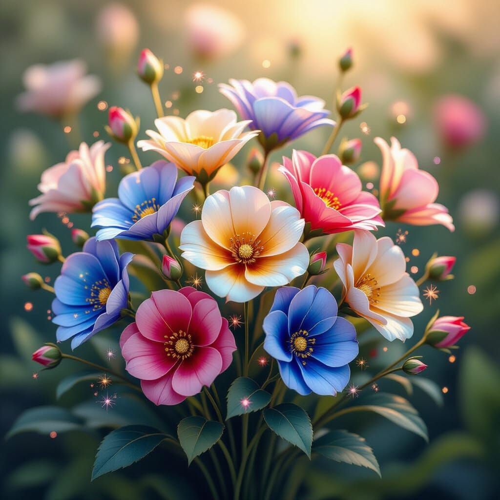 Whimsical Jewel-Toned Flowers with Ethereal Glow