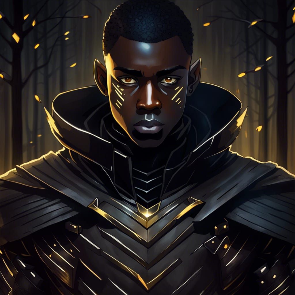 Futuristic Knight in Forest Village at Night