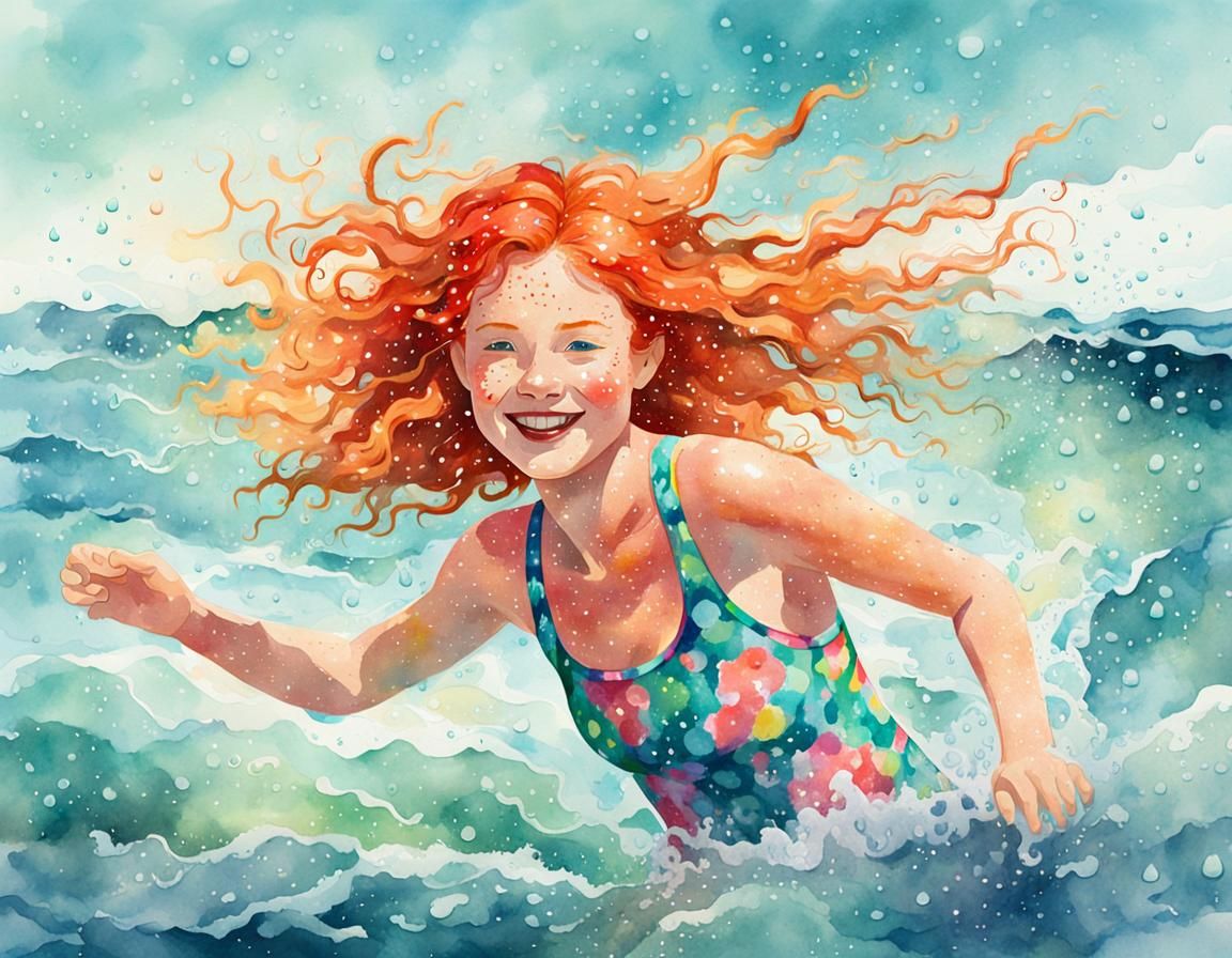 Whimsical Watercolor of Red-Headed Girl in Ocean