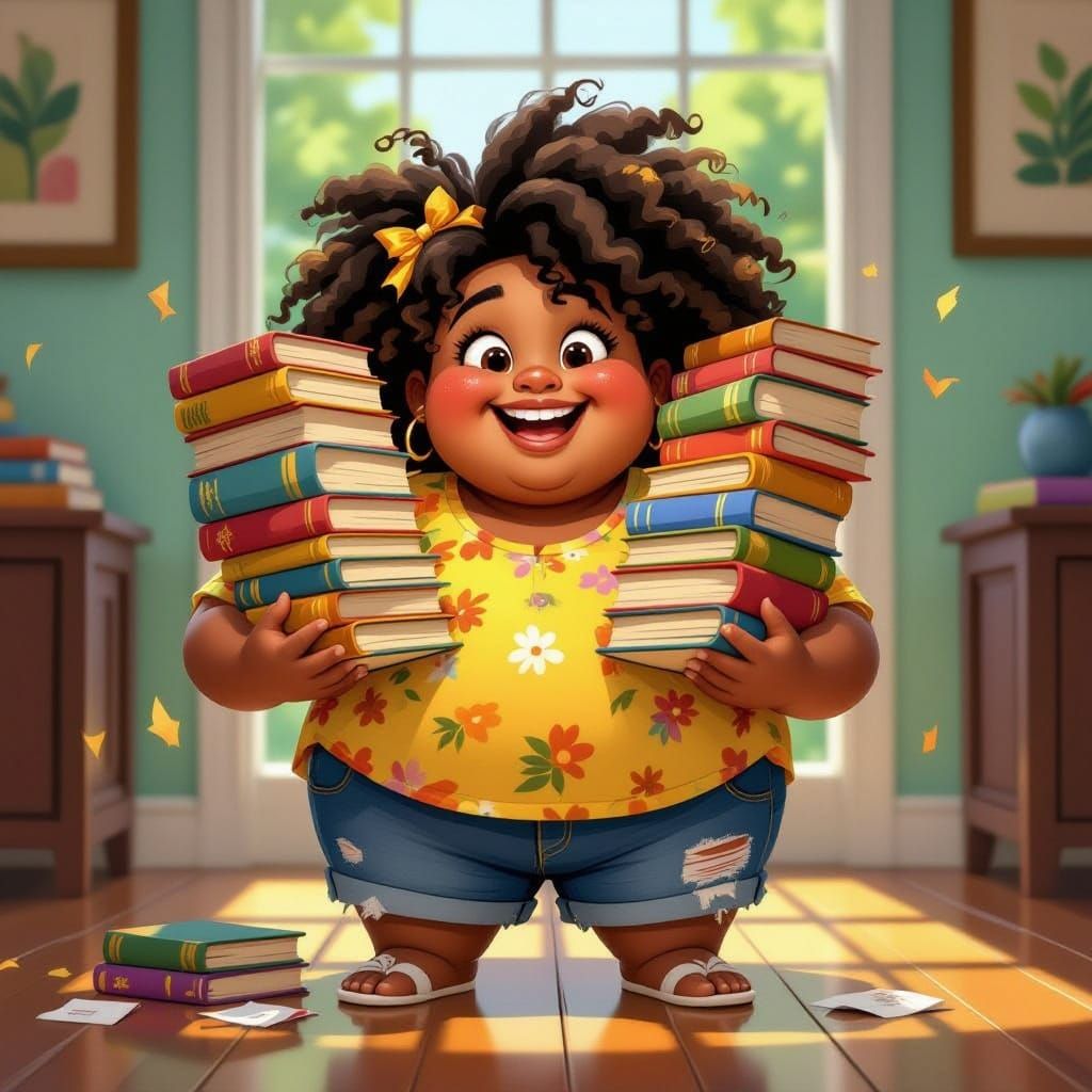Festive Portrait of Smiling Child with Books, Pixar Style