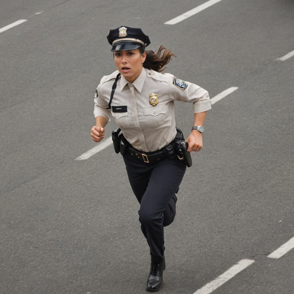 Woman Cop Running Close Up