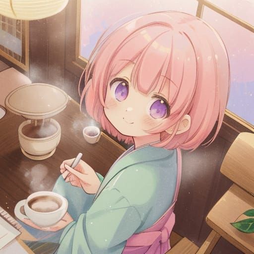 Cozy Coffee Shop Girl in Pastel Anime Style
