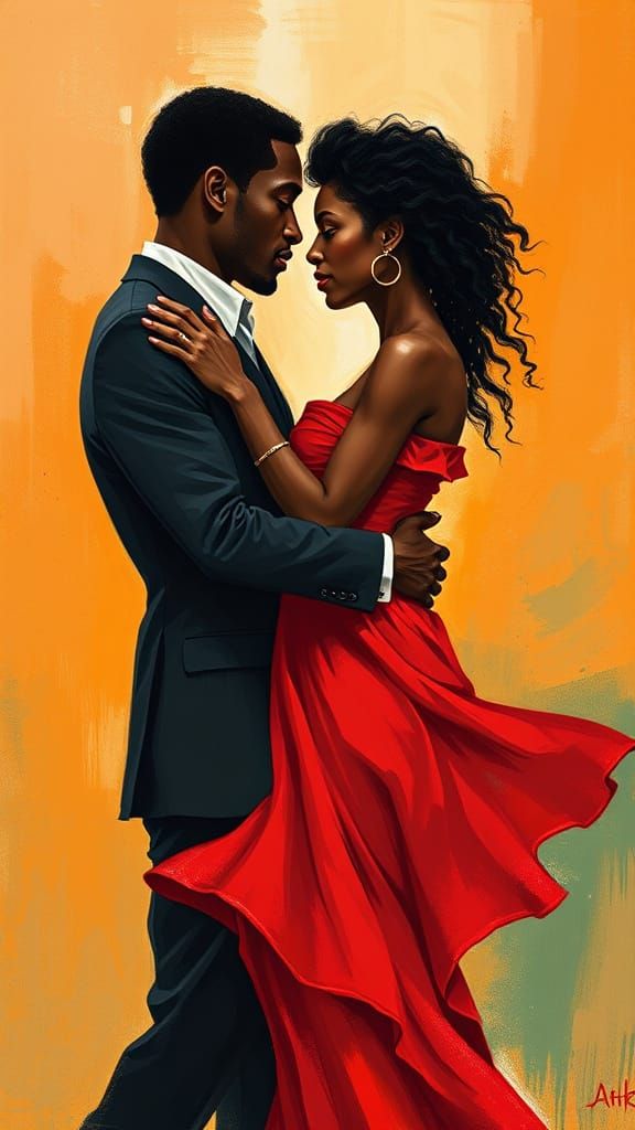 Painterly Black Couple Dancing in Embrace