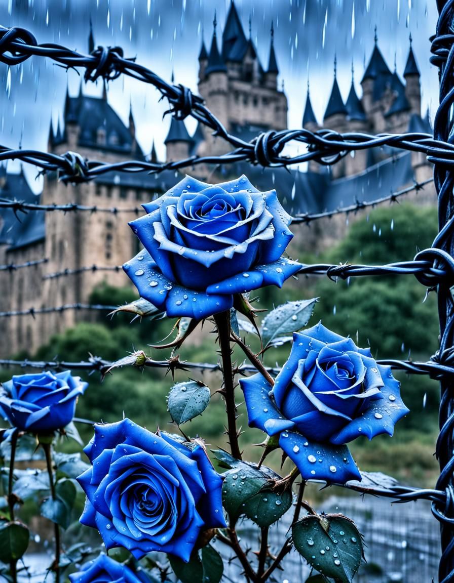 Blue Roses, Barbed Wire, and Castle: Hyperrealistic Image