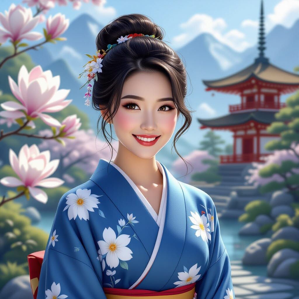 Asian Woman in Kimono in Serene Japanese Garden