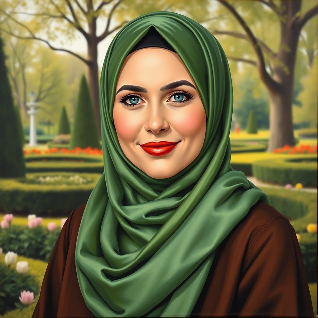 Beautiful Hijabi Woman in Garden as Oil Painting