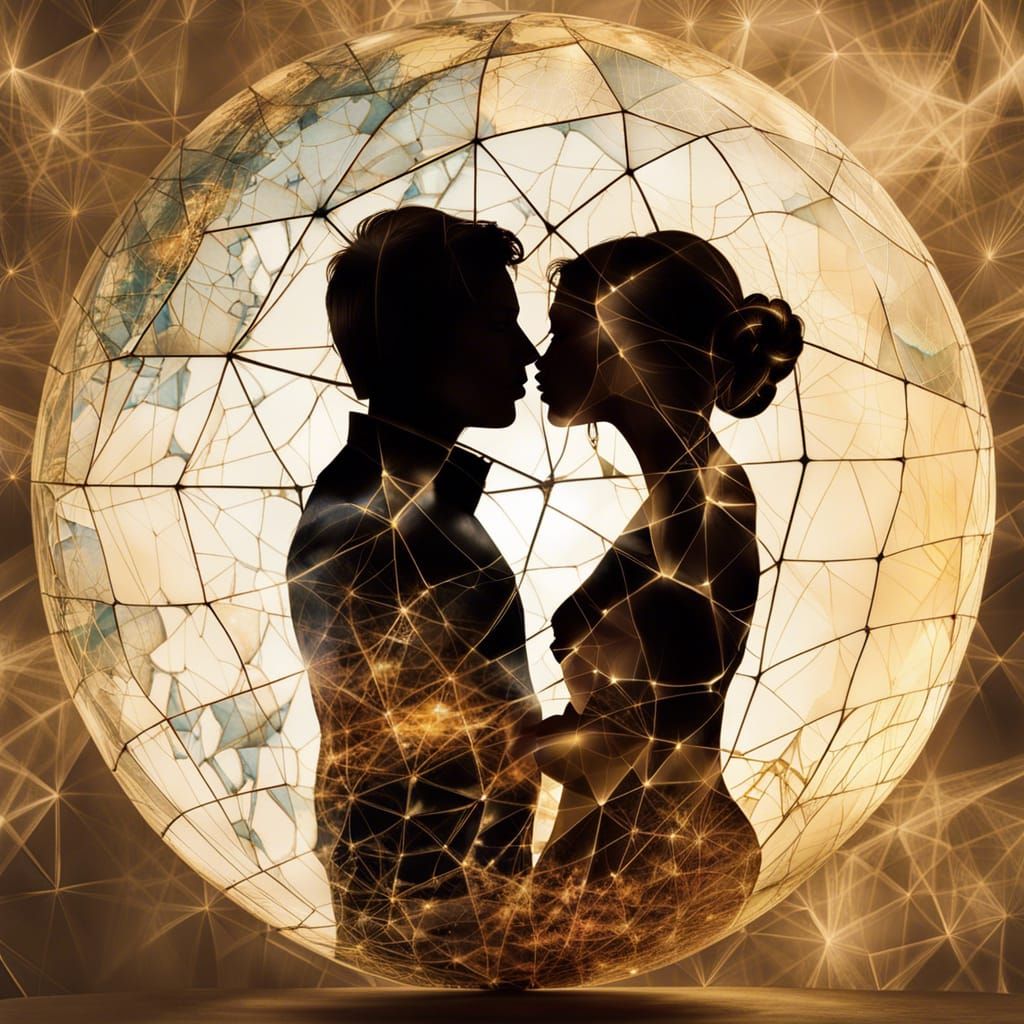 Silhouette of Kissing Lovers with Cracked Globe