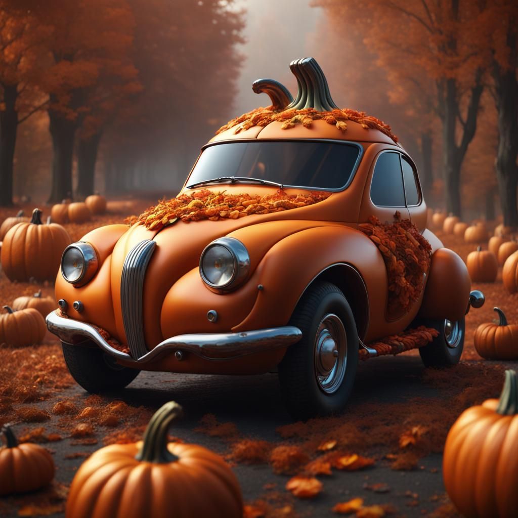Pumpkin-Shaped Car in Detailed Digital Painting