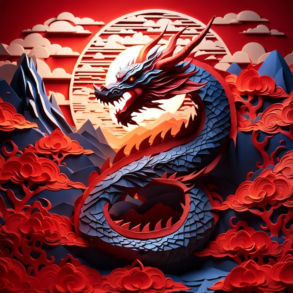 Detailed Kirigami Dragon with Rising Sun