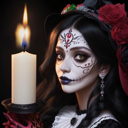 Intricate Catrina Portrait with Candle, Hyperrealistic Style