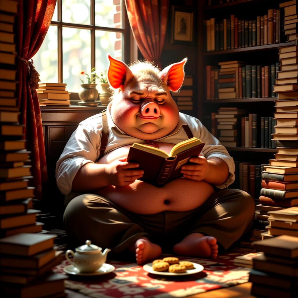 Man with Pig Head Reading in Cozy Nook
