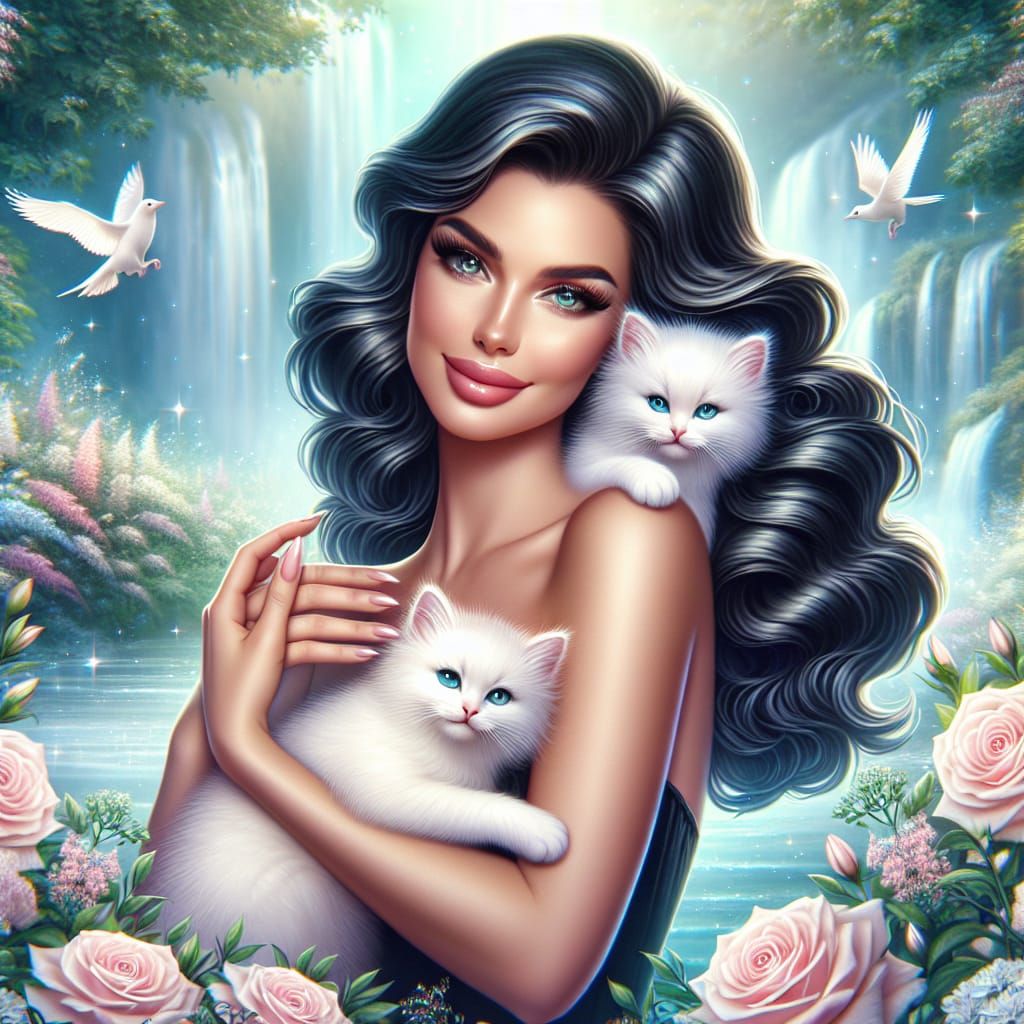 Magical Anime Woman Hugs Beloved White Cats in Enchanted Set...