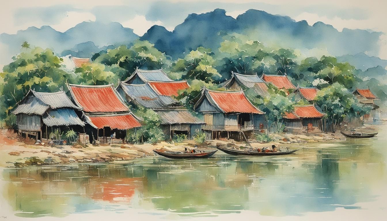 Vietnamese Village River Scene, Watercolor Painting