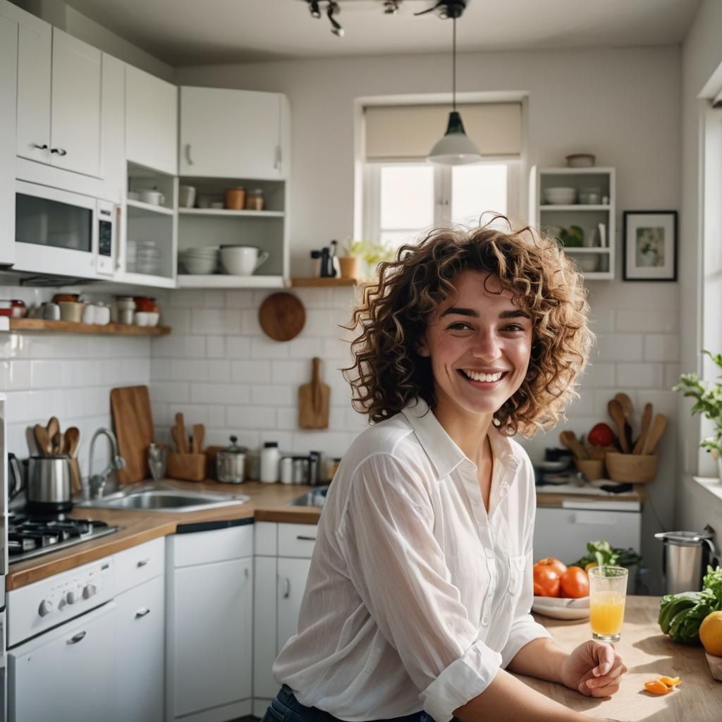 Hyperrealistic Woman in Kitchen with Blade Runner Details