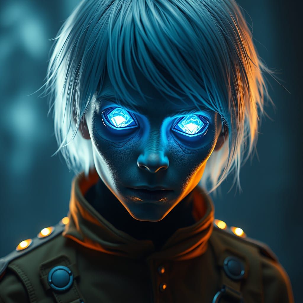 Surreal Village Boy with Glowing Diamond Eyes in a Creepy, H...