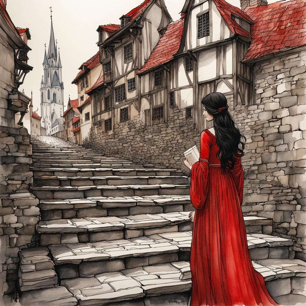 Medieval Girl Climbing Stairs Illustration
