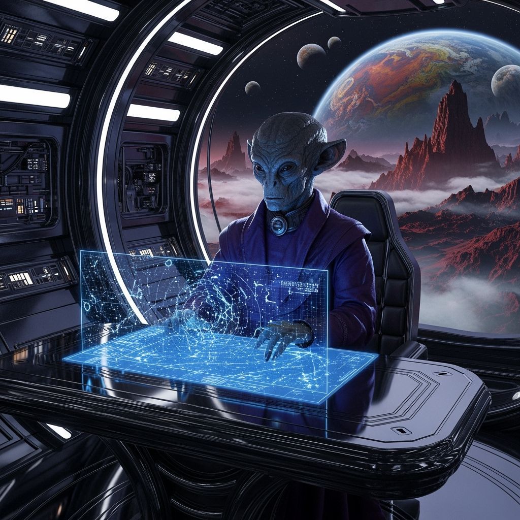 Alien Navigator on Chrome Ship Studying Star Map
