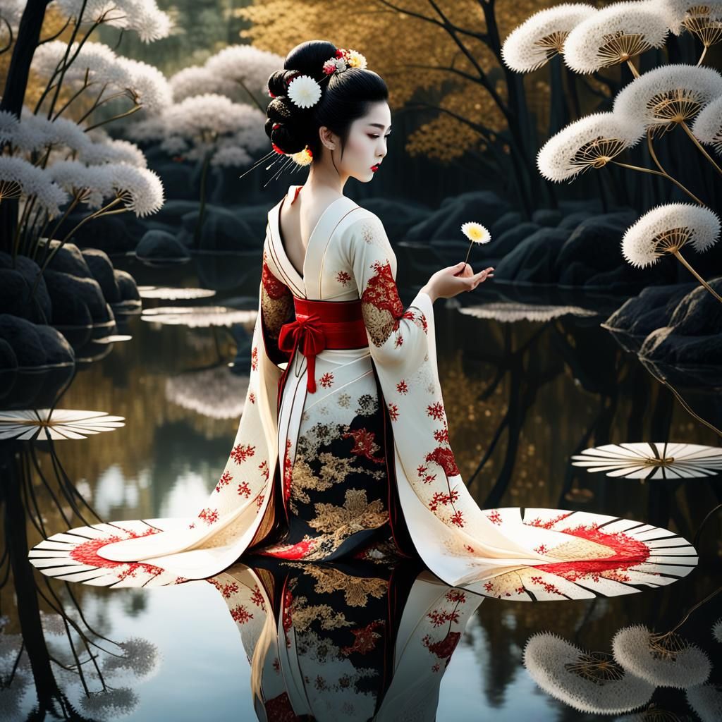 Geisha in Mirrored Pond: Dark Fantasy Digital Art