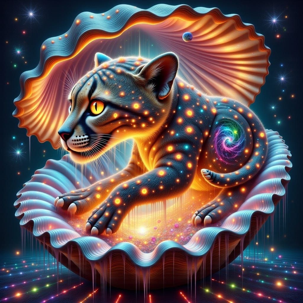 Cheetah in Cosmic Seashell, Dreamlike Surrealism