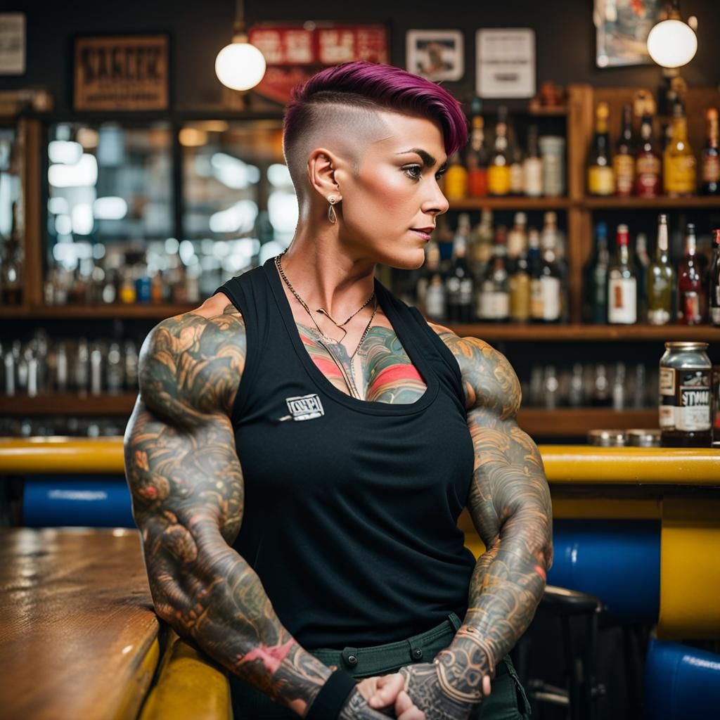 Butch Gypsy Bodybuilder Flexing Biceps in Bar