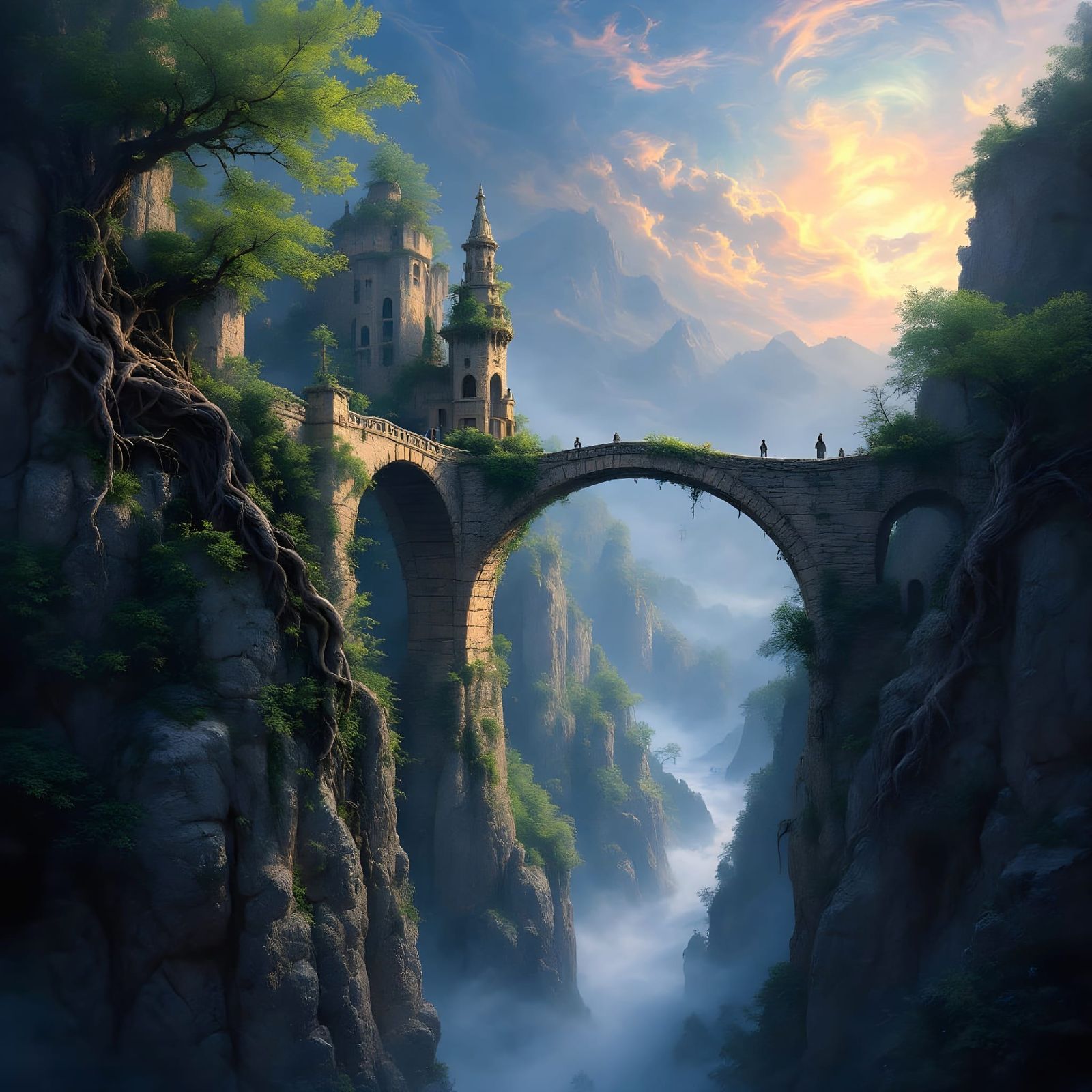 Ethereal Mountain Realm with Arc Bridges